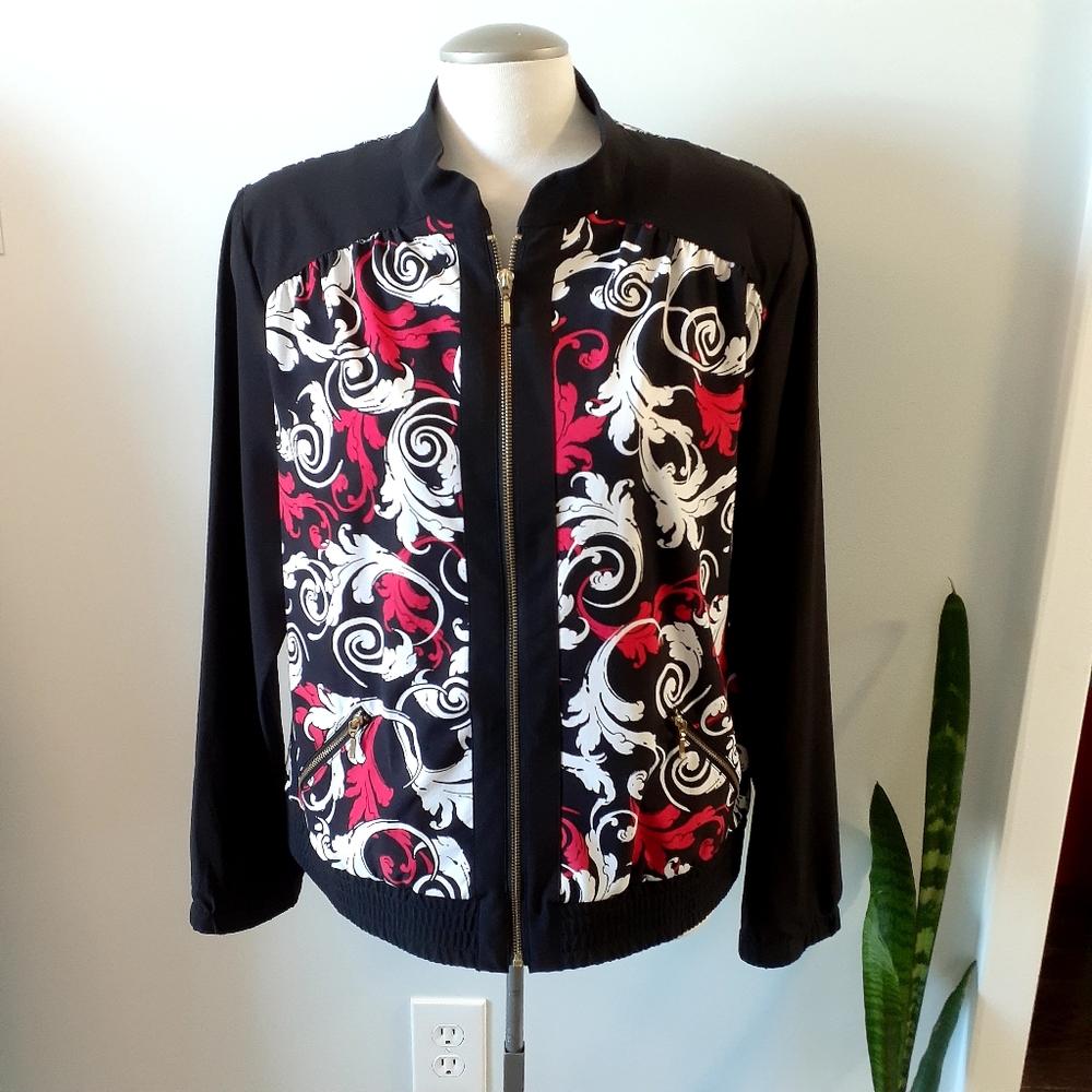 CHICOS Women's Paisley Light Bomber Jacket‎ Black Red White Medium